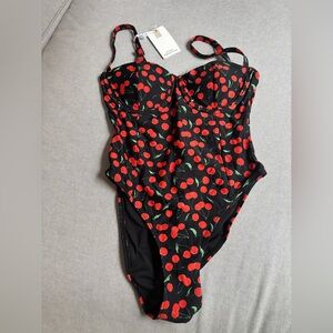 Good American Black Swimsuit with Red Cherry Print